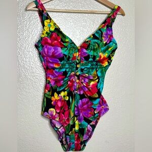Vintage Longitude Tropical Multicolor Floral High Cut Hip One Piece Swimsuit 12
